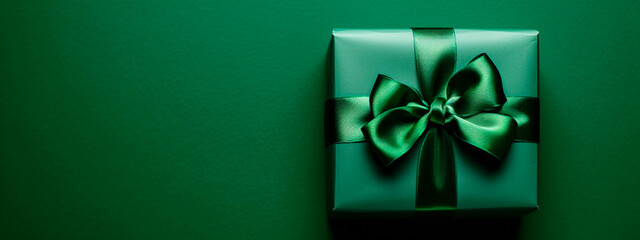 green gift box on a green background. Selective focus.