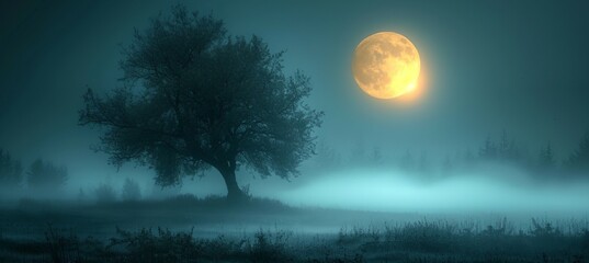 Big tree with full moon. Night misty spooky scene. Generative AI technology.	

