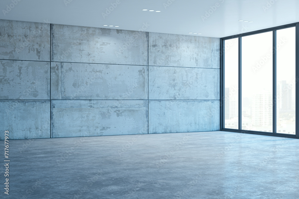 Poster empty contemporary spacious concrete interior with panoramic window. 3d rendering.