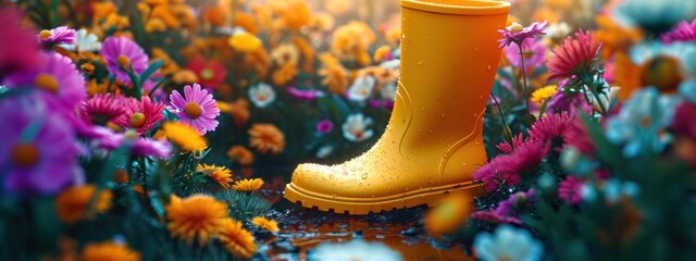 a yellow rain boot is in front of bright colors of flowers