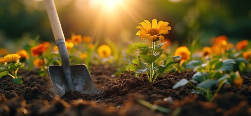 a shovel works in dirt to plant flowers - obrazy, fototapety, plakaty