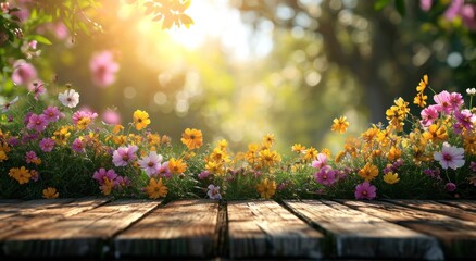 Naklejka na ściany i meble a tabletop with beautiful flowers in springtime sunshine