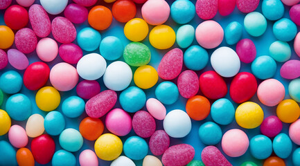 Fototapeta premium a bunch of candy eggs are in a pile together on a table top, with a blue background and a few more candy eggs, generative ai