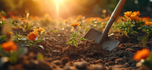 a shovel is plowing in the dirt close to some flowers - obrazy, fototapety, plakaty
