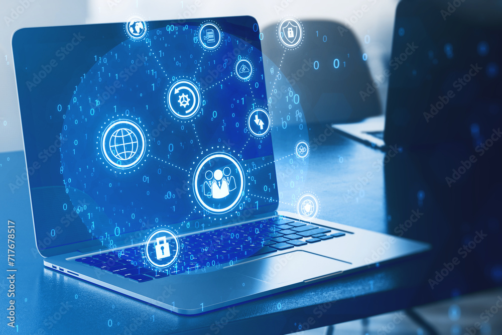 Poster Close up of laptop with creative connected digital business interface with various icons and binary code on blurry background. Software development, app, global business and ai concept. 3D Rendering.