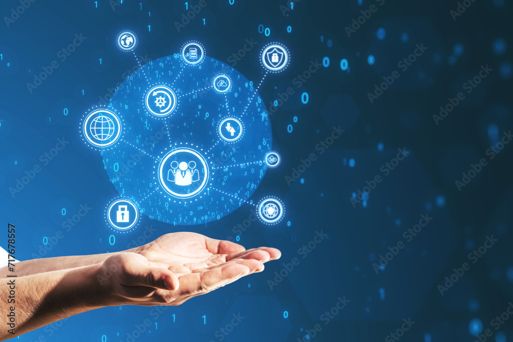 Poster Close up of businessman hands holding creative connected digital business interface with various icons and binary code on blurry background. Software development, app, global business and ai concept.
