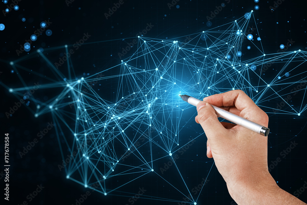 Poster futuristic digital data interaction, a hand reaching out to luminous network nodes. technology and c
