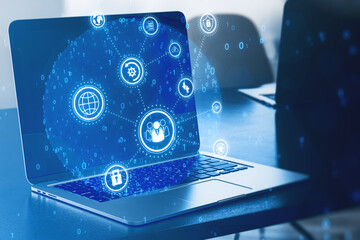 Close up of laptop with creative connected digital business interface with various icons and binary code on blurry background. Software development, app, global business and ai concept. 3D Rendering.
