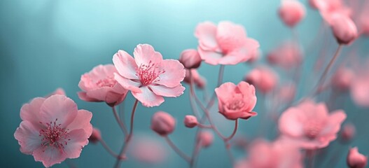 a close up of pink flowers against a blue background