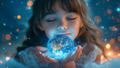 Naklejka premium Glowing Blue Planet in a Girl's Hand: A Celebration of Earth Day Generative AI
