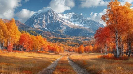 Golden meadow glows in autumn sunlight beauty with snow mountains and clouds 
