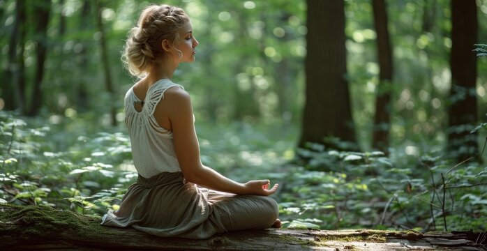 a woman sits on a log in the forest