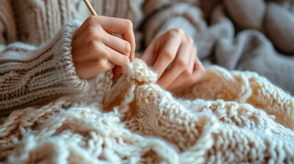A woman knits a sweater with yarn. Selective focus. - obrazy, fototapety, plakaty