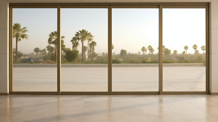 Golden Hour View Through Sliding Glass Doors Overlooking Palm Trees