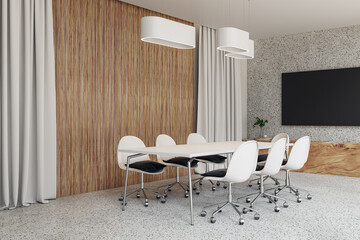 Modern wooden and concrete conference room interior with curtains and empty black mock up banner on wall. 3D Rendering.