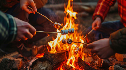 People roast marshmallows on a fire. Selective focus.