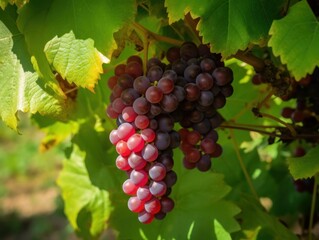 A ripe cluster of red grapes on a vine, surrounded by lush green foliage. Fruit Photography