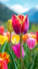 Closeup view, a multicolored tulip in full bloom against the backdrop of a meadow and distant mountains.