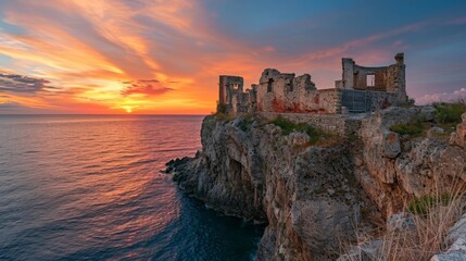 Fototapeta na wymiar Abandoned castle ruins on a cliff overlooking the ocean at sunset background.