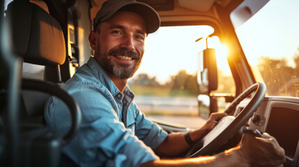 smiling bearded truck driver wearing a cap and a denim shirt is seated in the cab of a truck - obrazy, fototapety, plakaty