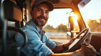 Fotobehang smiling bearded truck driver wearing a cap and a denim shirt is seated in the cab of a truck © HelenP