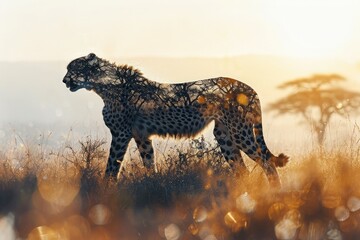 full length silhouette of a cheetah with double exposure of the African savannah at sunset in silhouette. Nature conservation concept.