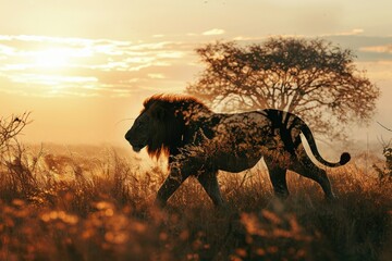 full body silhouette of a male lion with double exposure of the African savannah at sunset in silhouette. Nature conservation concept