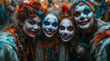 Clown Makeup Party: A Group of Clowns with Flower Crowns and Face Paint Generative AI - obrazy, fototapety, plakaty