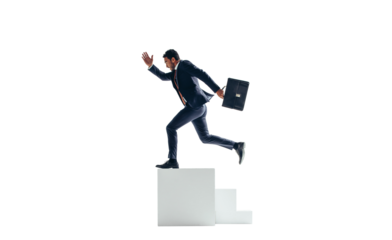 Brave businessman jumping off a block of stairs on a transparent background