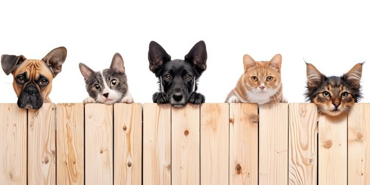Banner with animals and pets. cats and dogs of different breeds peek out from behind a light wooden fence. Space for text
