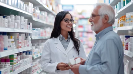 Deurstickers cheerful interaction between a younger female pharmacist and an older male customer in a pharmacy © HelenP