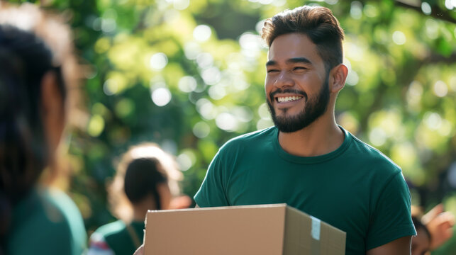 smiling man in a green t-shirt, handing over a delivery box to a woman in an outdoor park setting