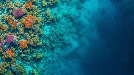 Aerial view of a colorful coral reef in clear blue water background. - obrazy, fototapety, plakaty