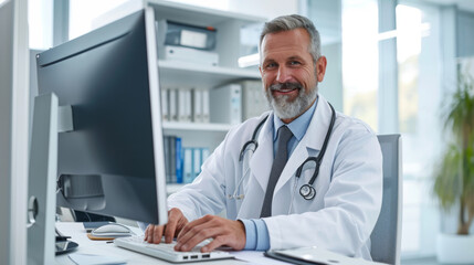 Fototapeta premium smiling, middle-aged male doctor working on a computer