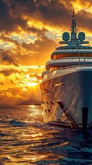 Epitome of luxury, mega yacht, gracefully sailing the ocean under the warm hues of a breathtaking...