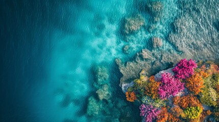 Aerial view of a colorful coral reef in crystal clear ocean waters background.