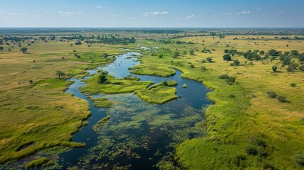Aerial view of a sprawling wildlife reserve with diverse habitats background.