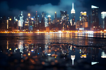 Night view of the cityscape, road and river. Landscape blur and bokeh. defocused or blurred skyscape or tall buildings. Copy space. Soft focus and blurred background.