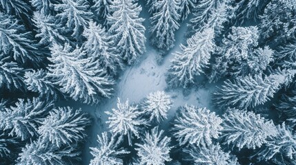 Aerial view of snow-covered pine trees in a winter wonderland background.