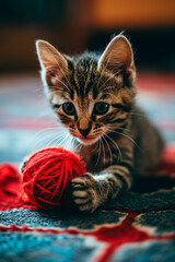 the cat plays with a ball of thread. Selective focus.