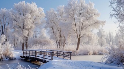Frost-covered trees in a winter wonderland with a small wooden bridge over a frozen stream background.