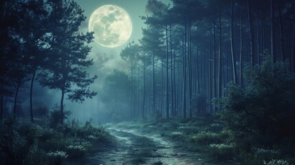 Full moon illuminating a misty forest path with shadows and light play background.