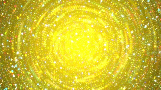 Colorful particles and circles coming toward sparkly, 4K motion loop gold background.