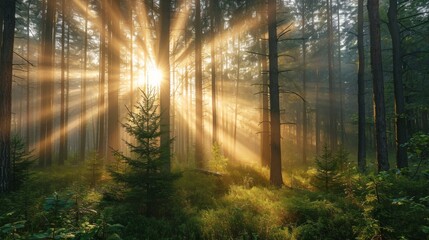 Misty forest at dawn with rays of sunlight piercing through the trees background.