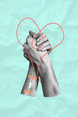 Collage picture placard of two arms volunteers people supporting each other donating blood isolated...