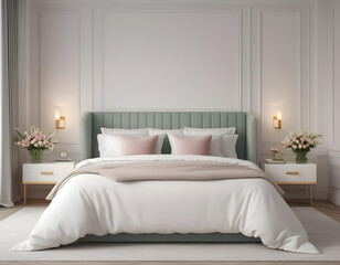 Modern luxury elegant bedroom with spring vibes with flowers and bed with white sheets. interior decoration. Well-appointed interior design. template.