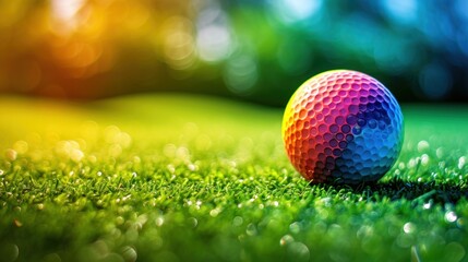 Fototapeta na wymiar A golf ball in bright colors on a green lawn.