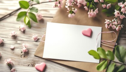 Obraz na płótnie Canvas Mockup for a greeting card. Blank greeting card on a table with flowers. Valentine's Day, Birthday, Happy Women's Day, Mother's Day. Stylish invitation card layout, postcard, frame or banner template.