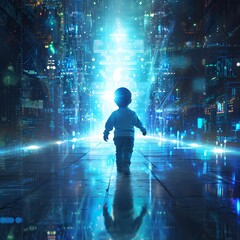 child is walking forward towards the light, all technology with the right and left side background of internet holograms