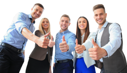 Portrait of happy businesspeople standing and showing thumb up on a transparent background